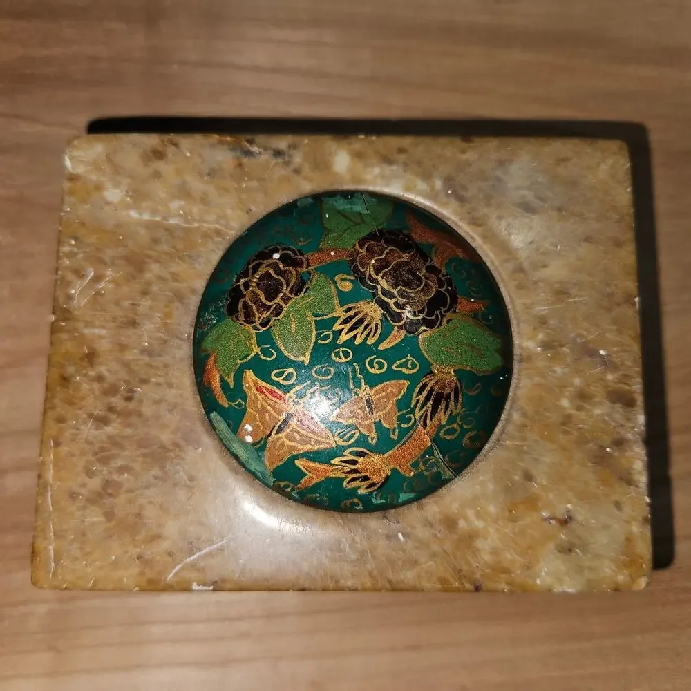 Vintage Marble Trinket Box Enamel Floral Butterfly Lid India